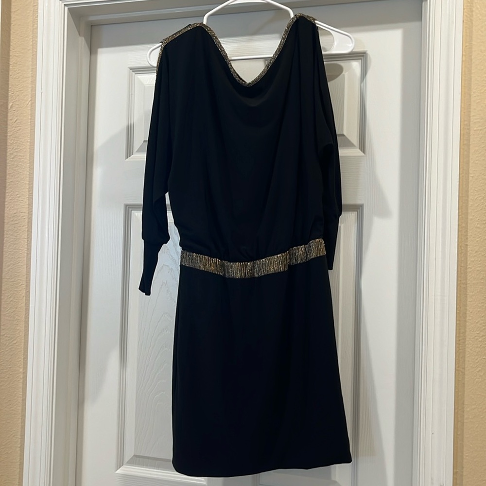 Frank Lyman design, black dress with gold/silver sparkly details